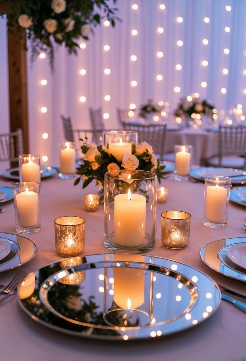 A circular table adorned with mirror plates reflects the romantic glow of candlelight, creating a dreamy ambiance for a wedding celebration