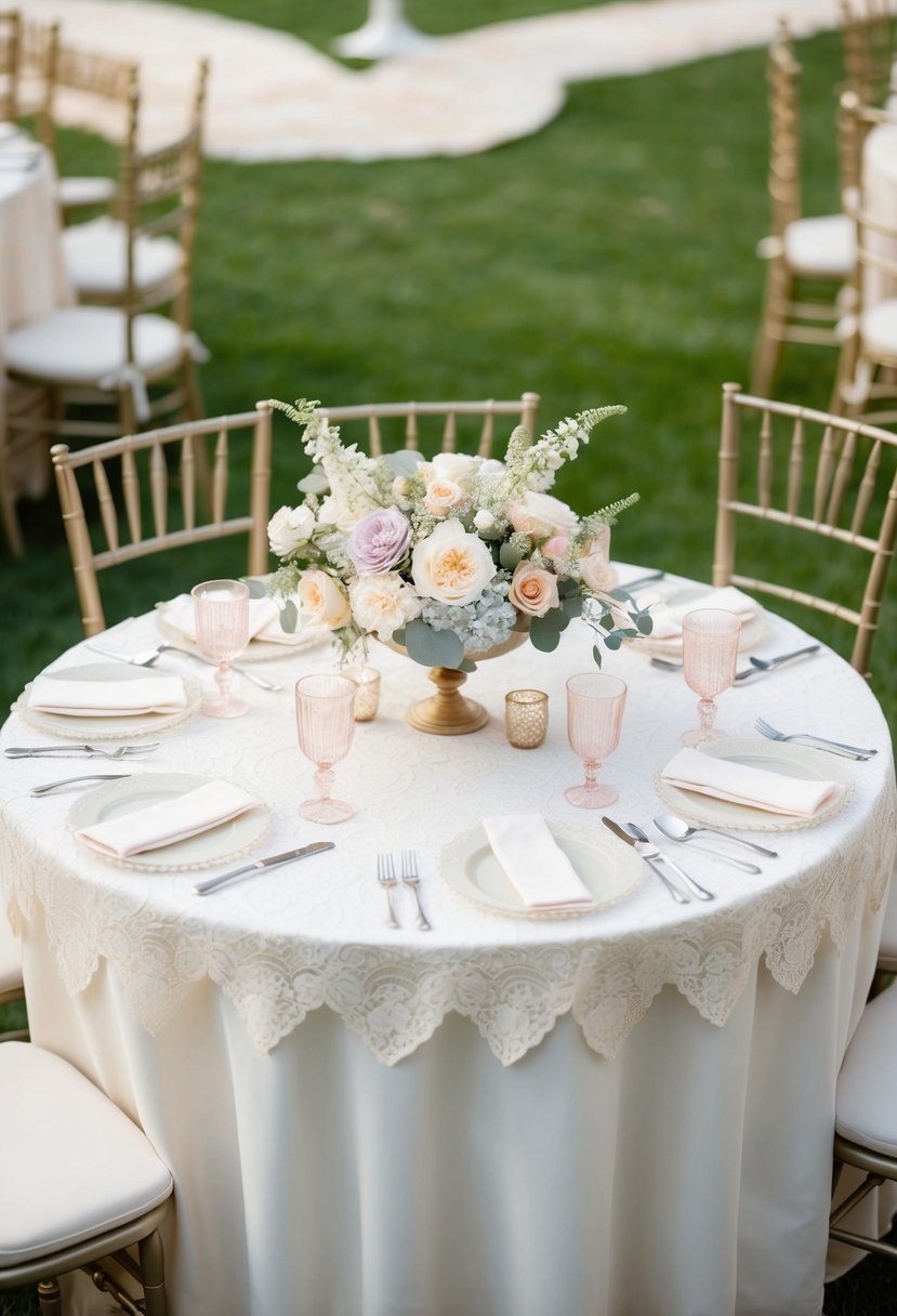 A circular table adorned with vintage lace and soft pastel flowers for a wedding decoration