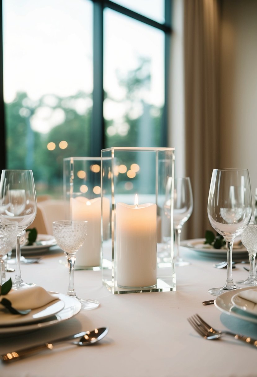 A modern wedding table set with acrylic candle holders and elegant decor