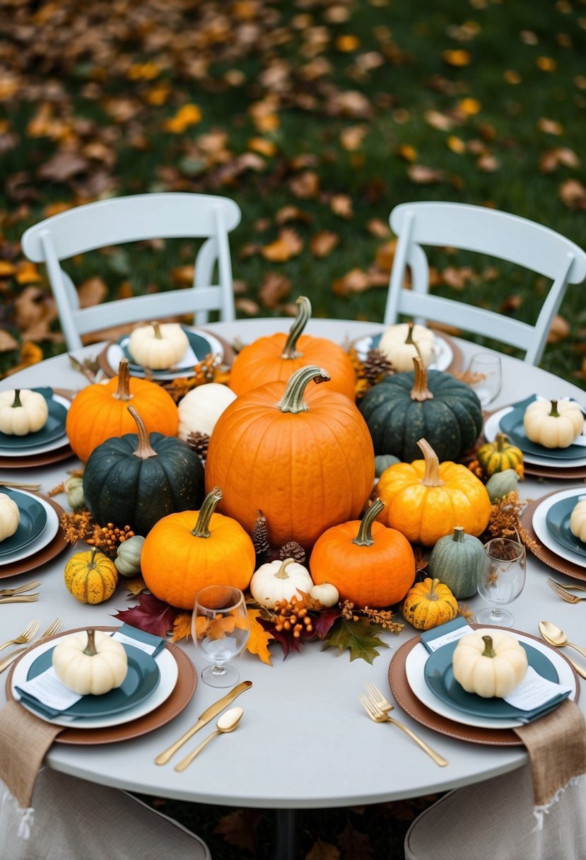 A circular table adorned with pumpkins, gourds, and autumn foliage, creating a rustic wedding centerpiece