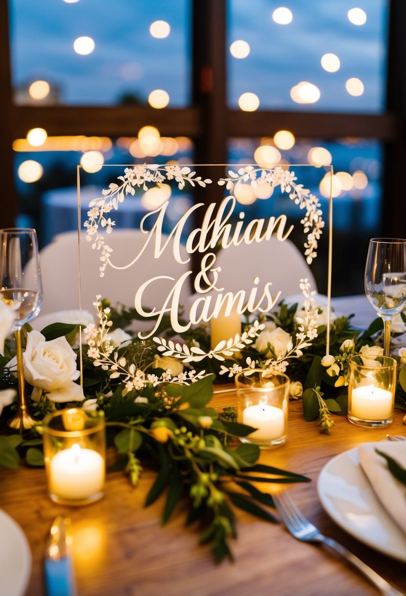 A beautifully decorated acrylic sign with the couple's names displayed on a wedding table, surrounded by elegant floral arrangements and twinkling candles