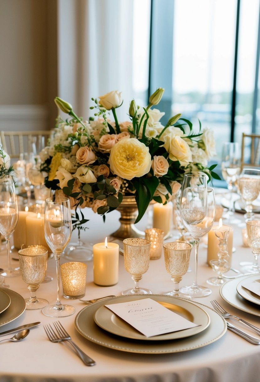 A table adorned with champagne-colored flowers, candles, and elegant glassware, creating a romantic and luxurious wedding ambiance