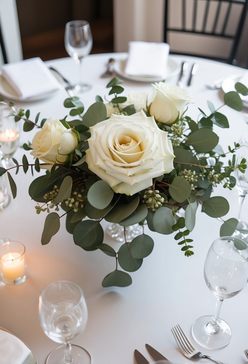 An elegant white rose and eucalyptus arrangement adorns a circular wedding table