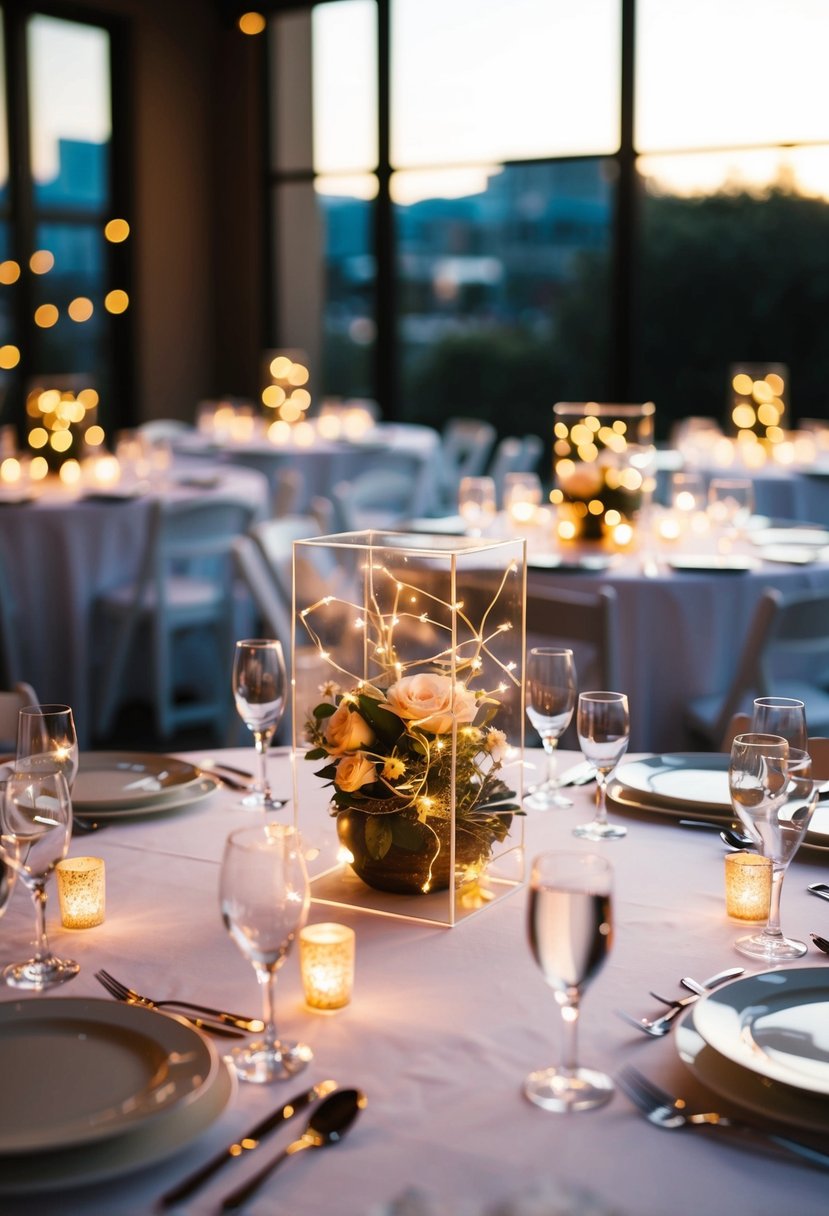 Acrylic table centerpieces glow with fairy lights, casting a romantic ambiance