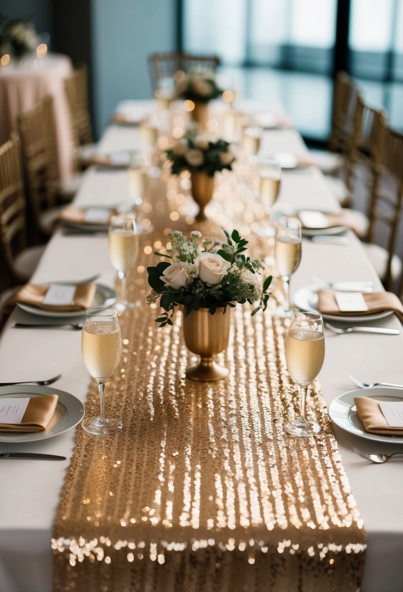 A table adorned with champagne sequin runners, sparkling in the soft light, creating an elegant and luxurious wedding decor