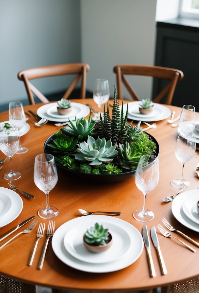 A circular table adorned with minimalist chic succulent centerpieces