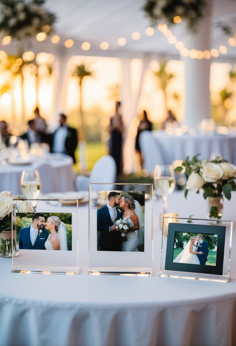 A table adorned with clear acrylic frames showcasing favorite couple photos, serving as elegant wedding decor