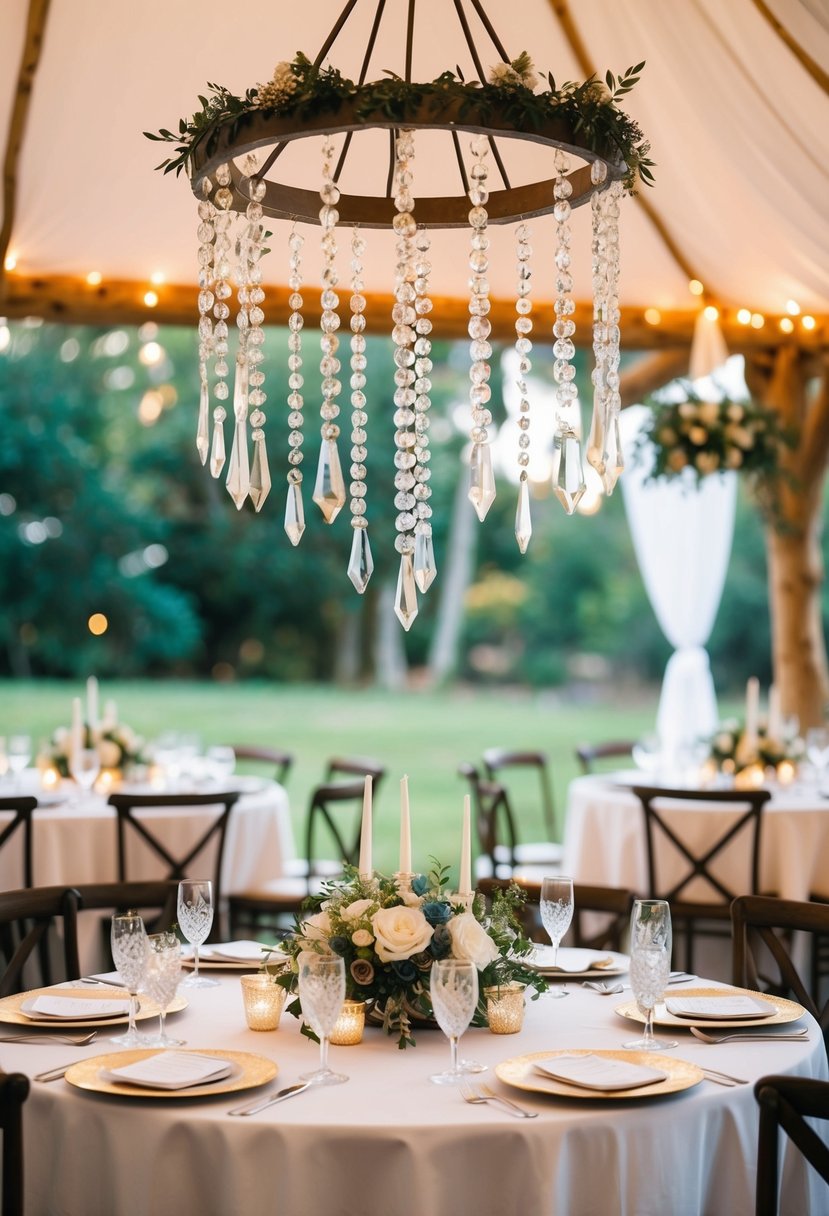 A whimsical fairy tale wedding table adorned with hanging crystals and a circular table centerpiece