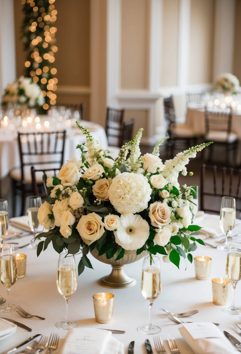 Elegant floral centerpieces in ivory and champagne hues adorn the wedding reception tables, creating a romantic and sophisticated atmosphere