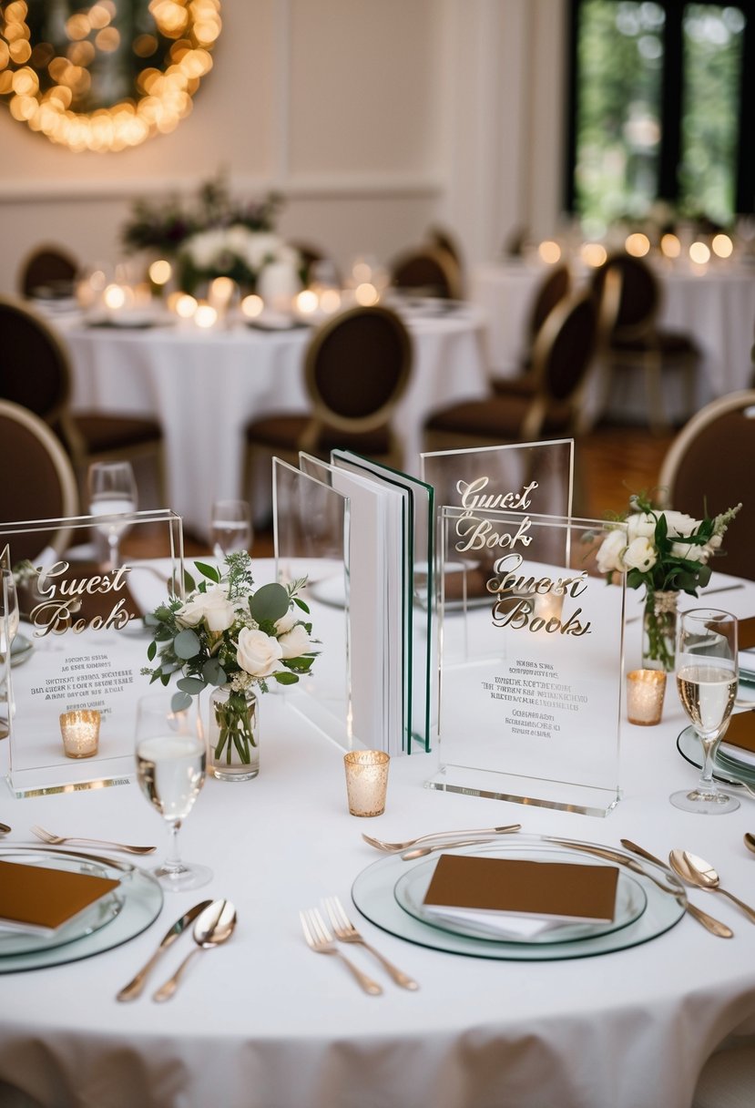 An elegant wedding table adorned with acrylic guest books and decorative elements