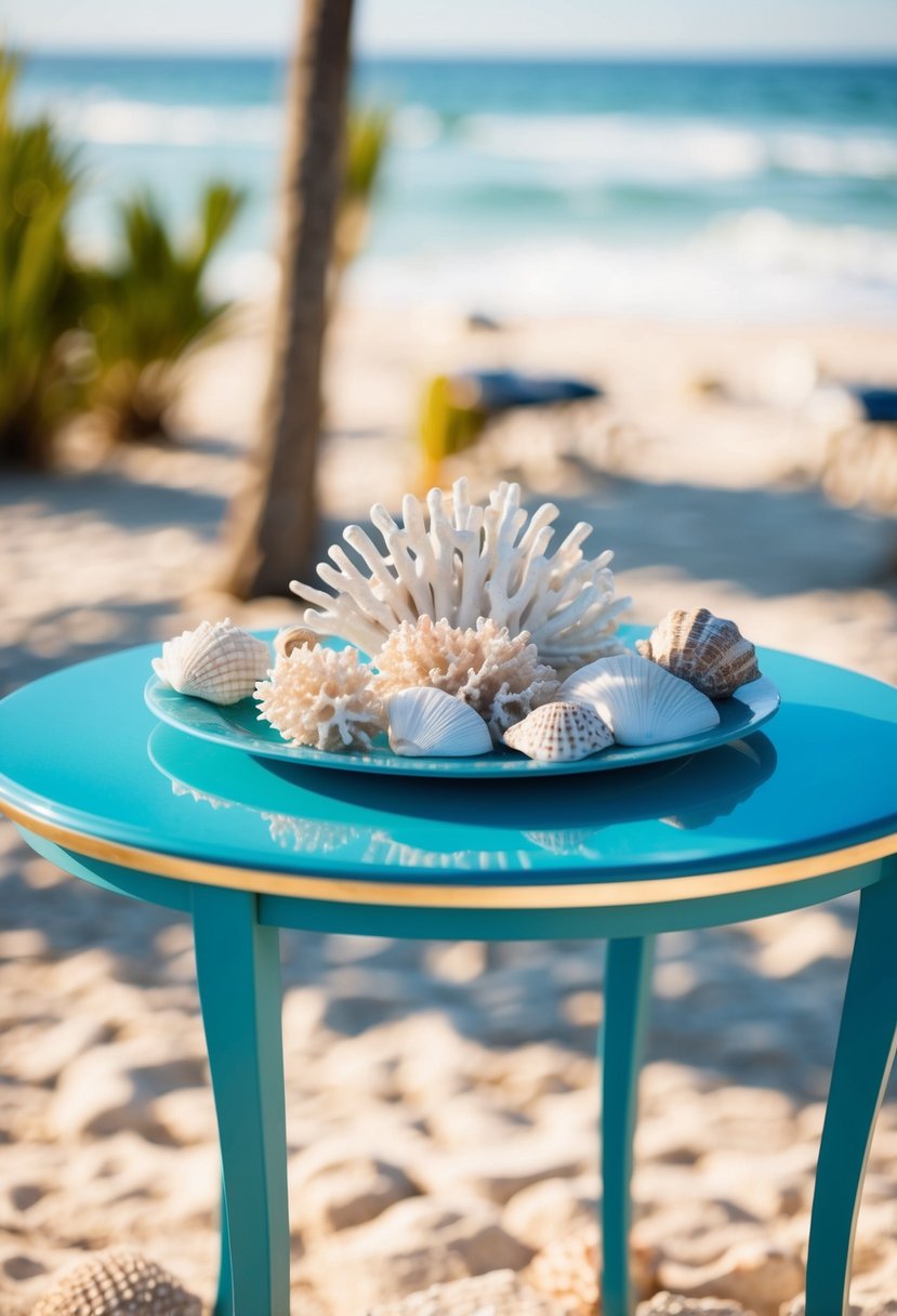 A circular table adorned with shells and coral, set against a backdrop of beach vibes