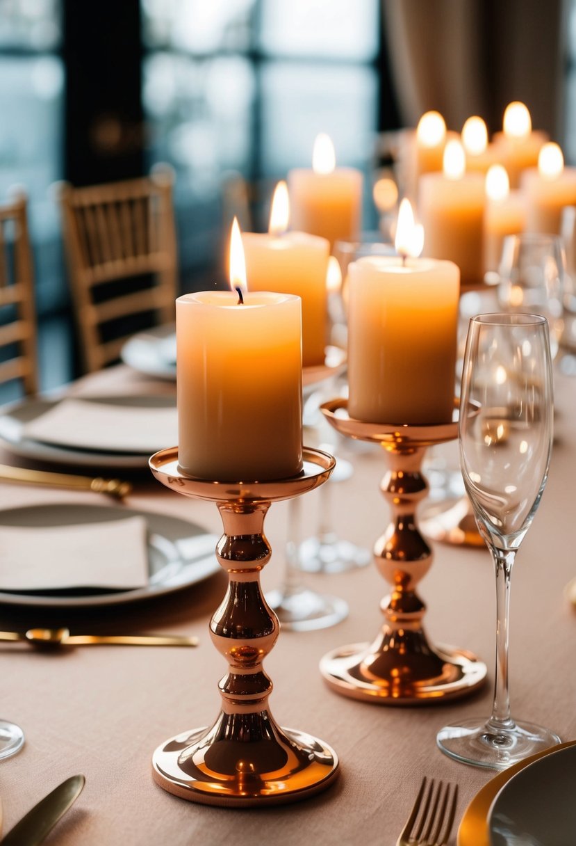 Rose gold candle holders hold flickering candles on a champagne-colored wedding table, creating an elegant and romantic atmosphere