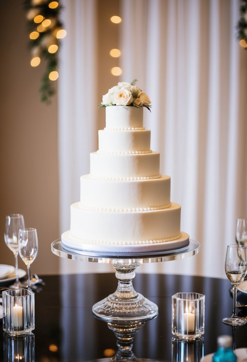 A lucite cake stand with a multi-tiered wedding cake atop, surrounded by elegant acrylic table decorations