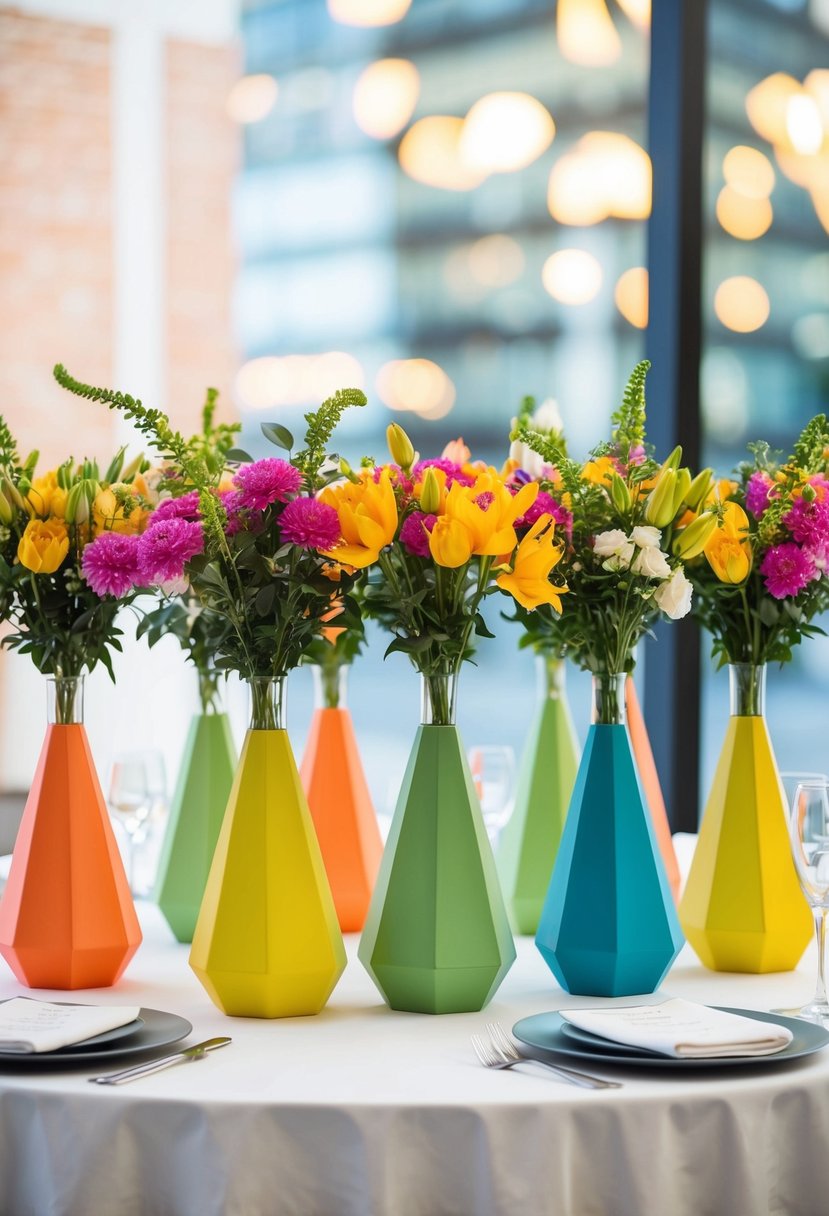 Colorful geometric vases filled with bright blooms arranged in a circular pattern on a modern wedding table