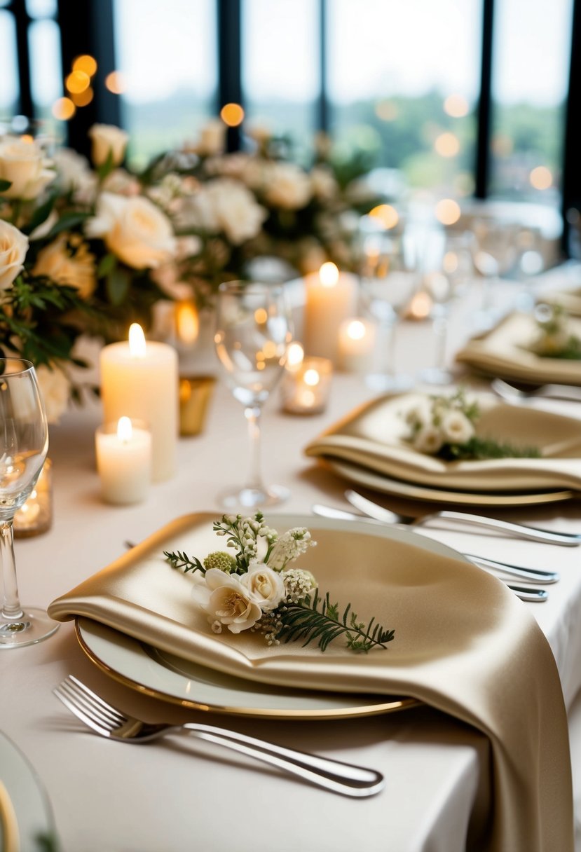 A table set with champagne satin napkins, adorned with delicate floral centerpieces and flickering candlelight