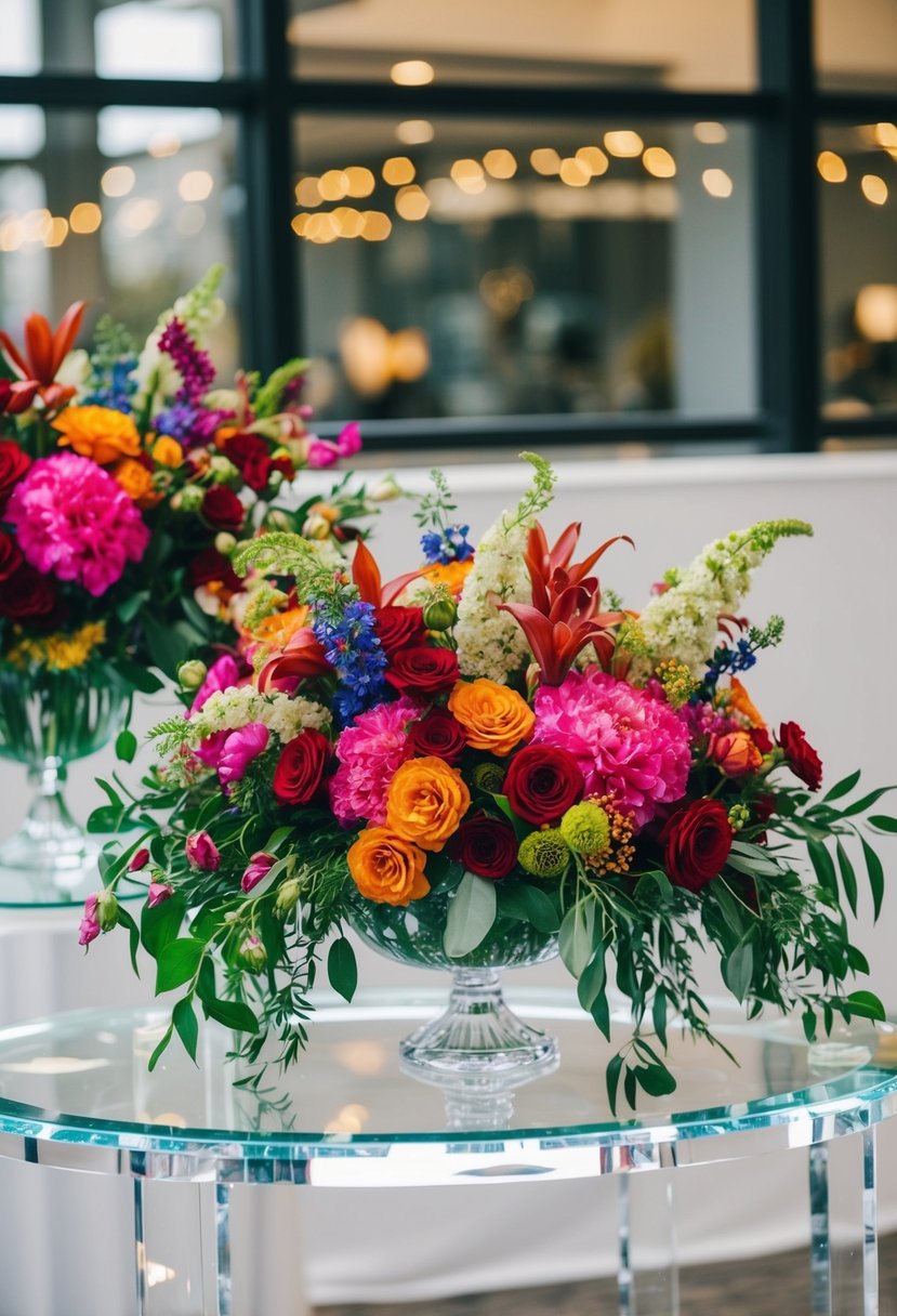 A clear acrylic table adorned with vibrant, overflowing floral arrangements