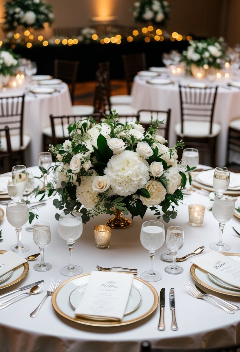 A round table adorned with all-white floral centerpieces and elegant tableware for a classic wedding reception