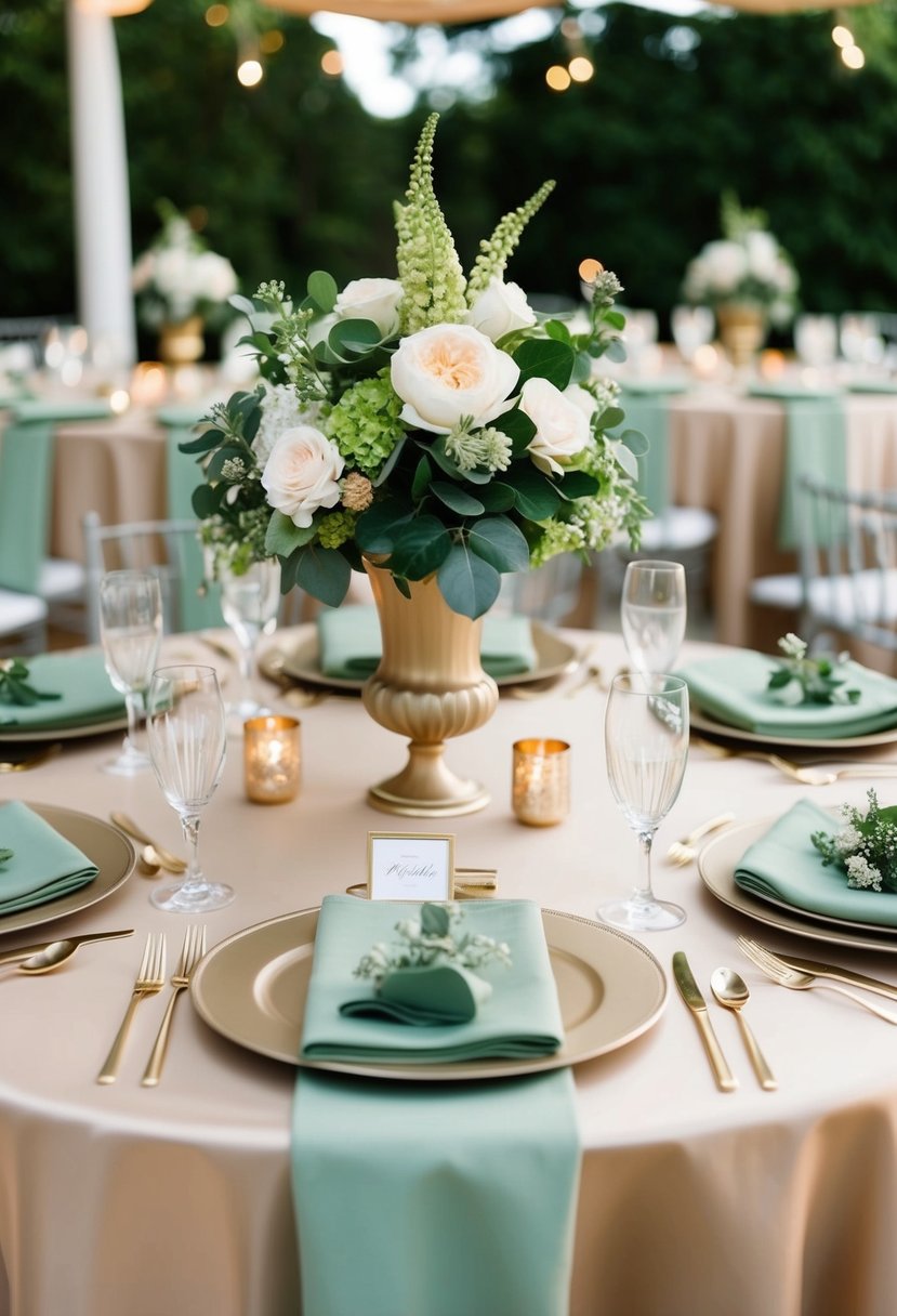 Sage green napkins and floral arrangements complement champagne tablecloths and centerpieces