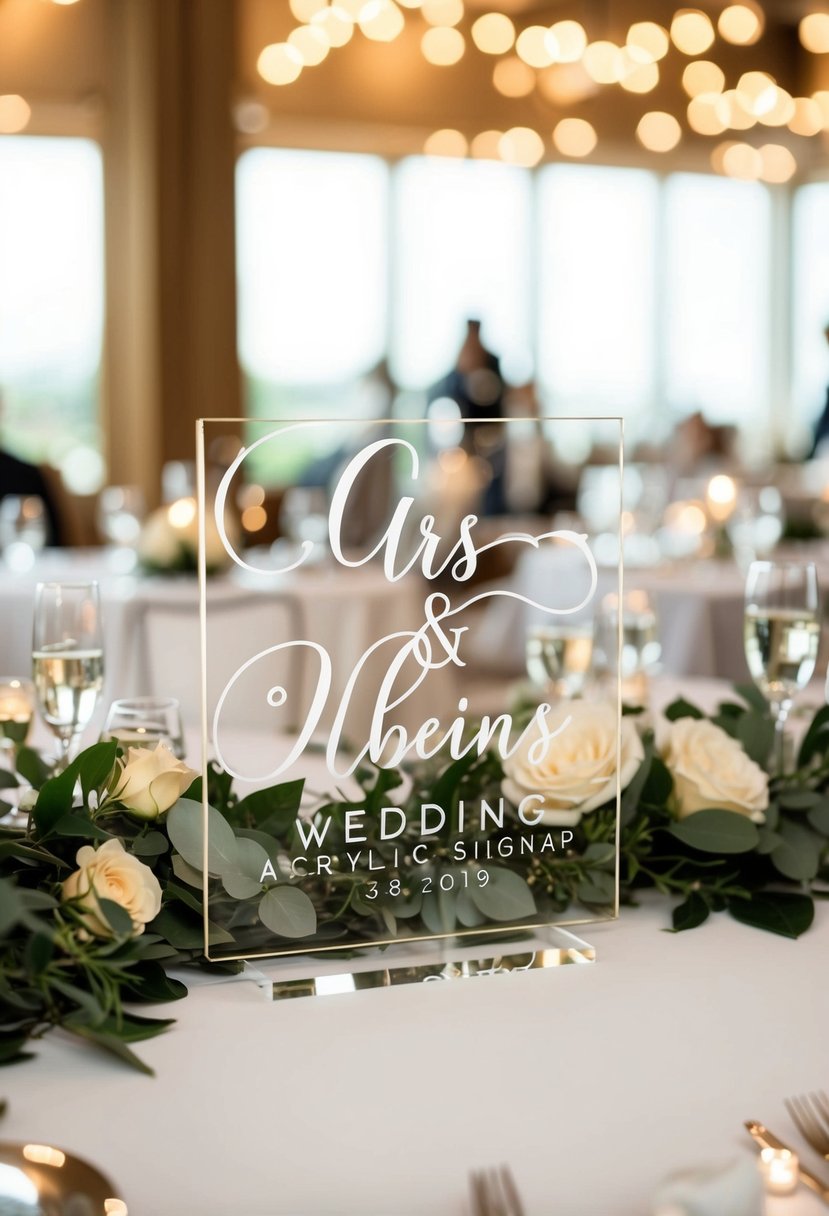 A wedding table adorned with elegant acrylic signage, matching the event's branding and adding a touch of sophistication to the decor