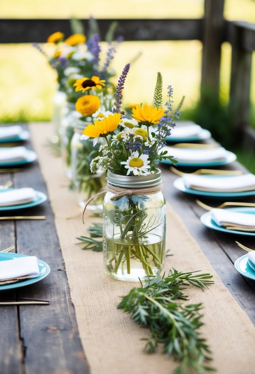 A rustic farmhouse table adorned with burlap runners and mason jar centerpieces filled with wildflowers