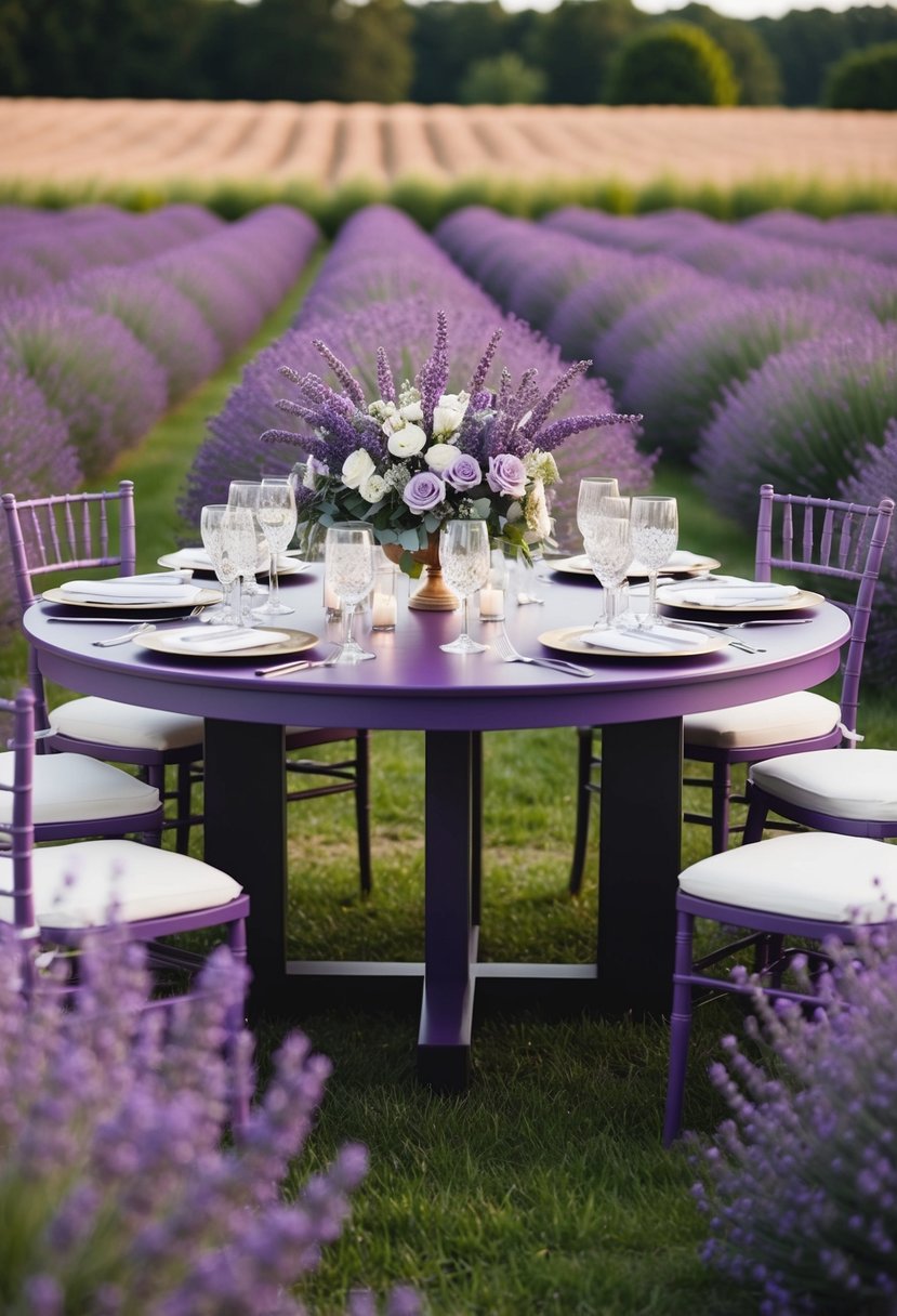 A circular table adorned with lavender fields and purple hues for wedding decoration