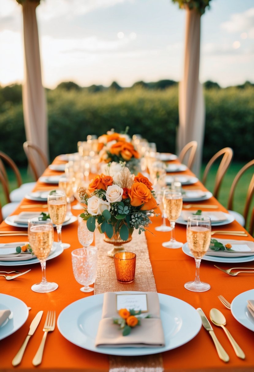 A table set with burnt orange and champagne-colored decorations for a wedding celebration