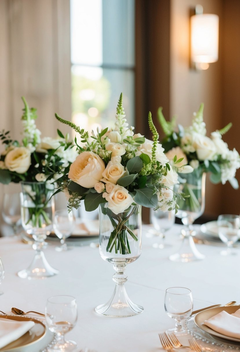 Acrylic pedestal stands hold simple floral arrangements for wedding table decorations