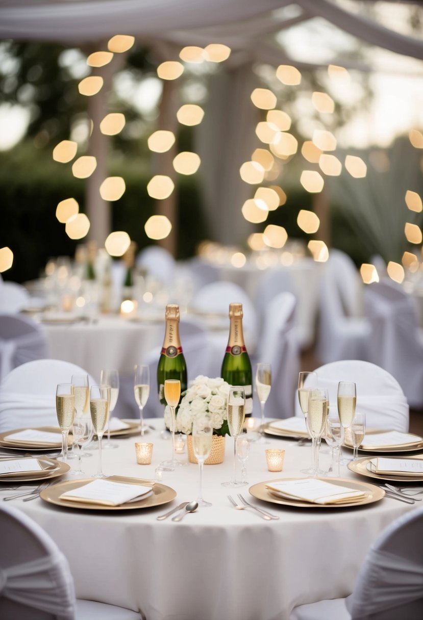 Elegant champagne table settings with white chair covers