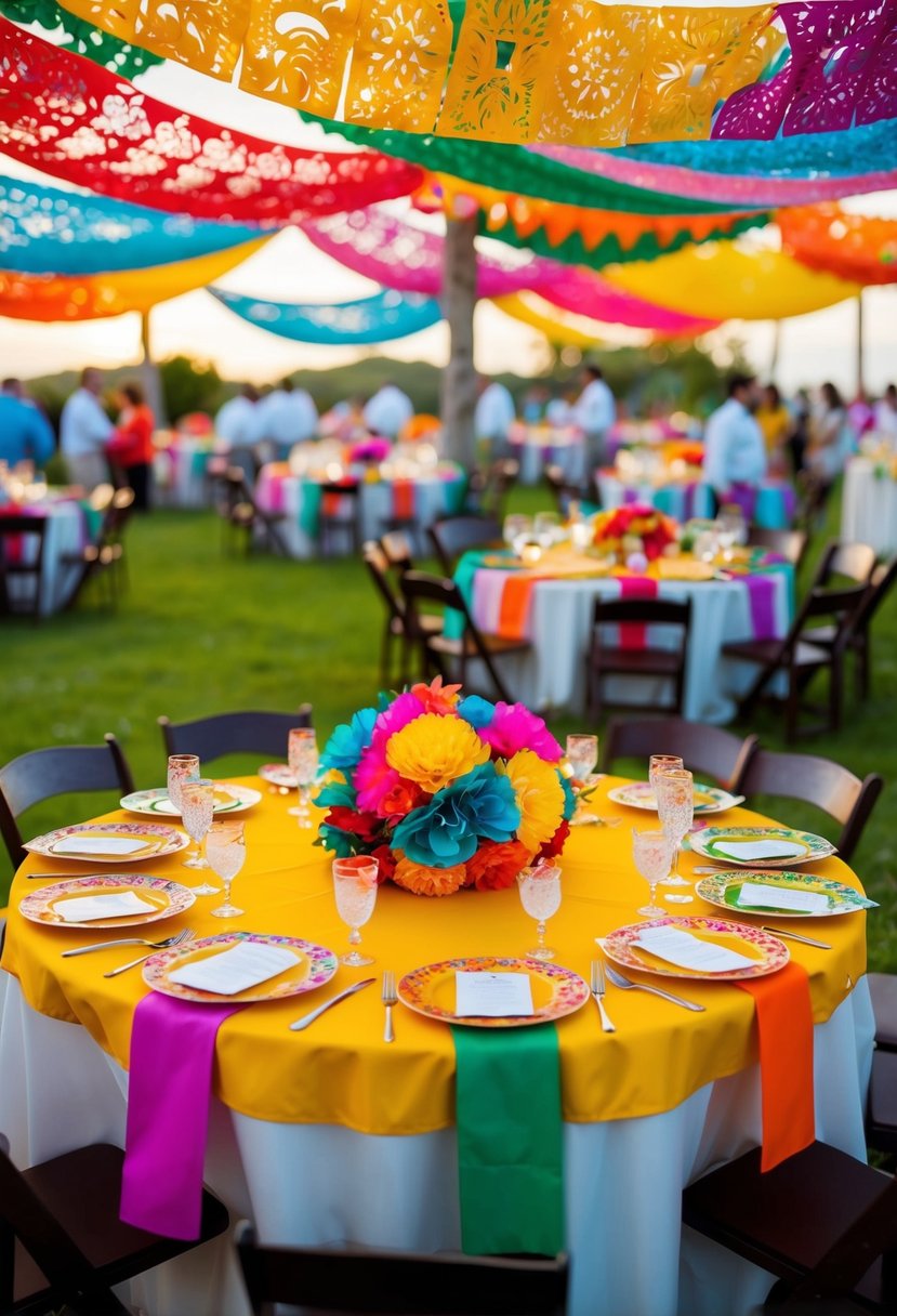 A vibrant fiesta with Mexican Papel Picado circling a festive wedding table