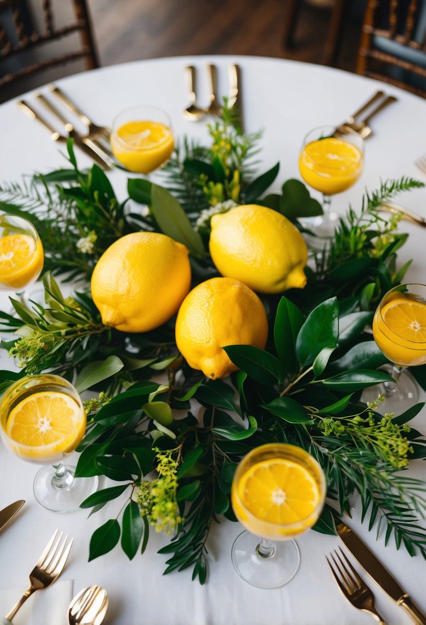 A circular wedding table adorned with citrus-inspired decorations, featuring lemon centerpieces and vibrant greenery