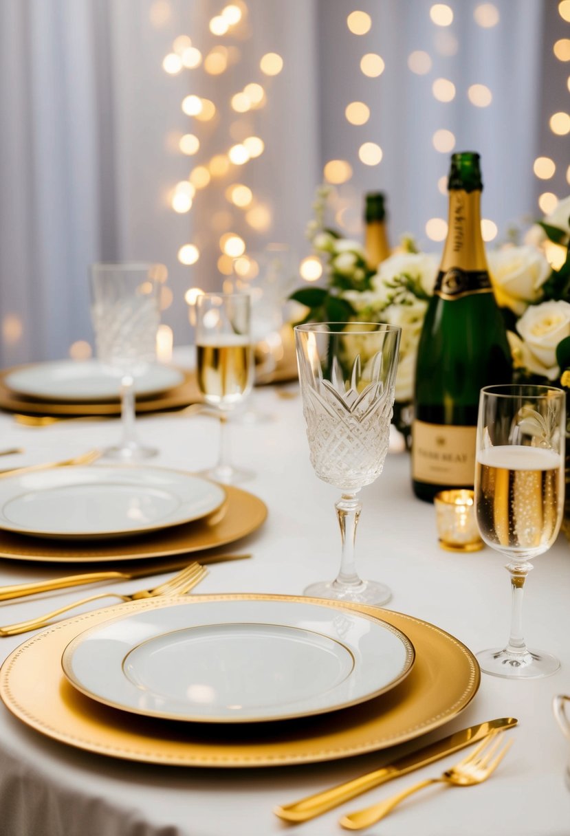 A table set with gold cutlery, crystal champagne flutes, and elegant champagne decorations