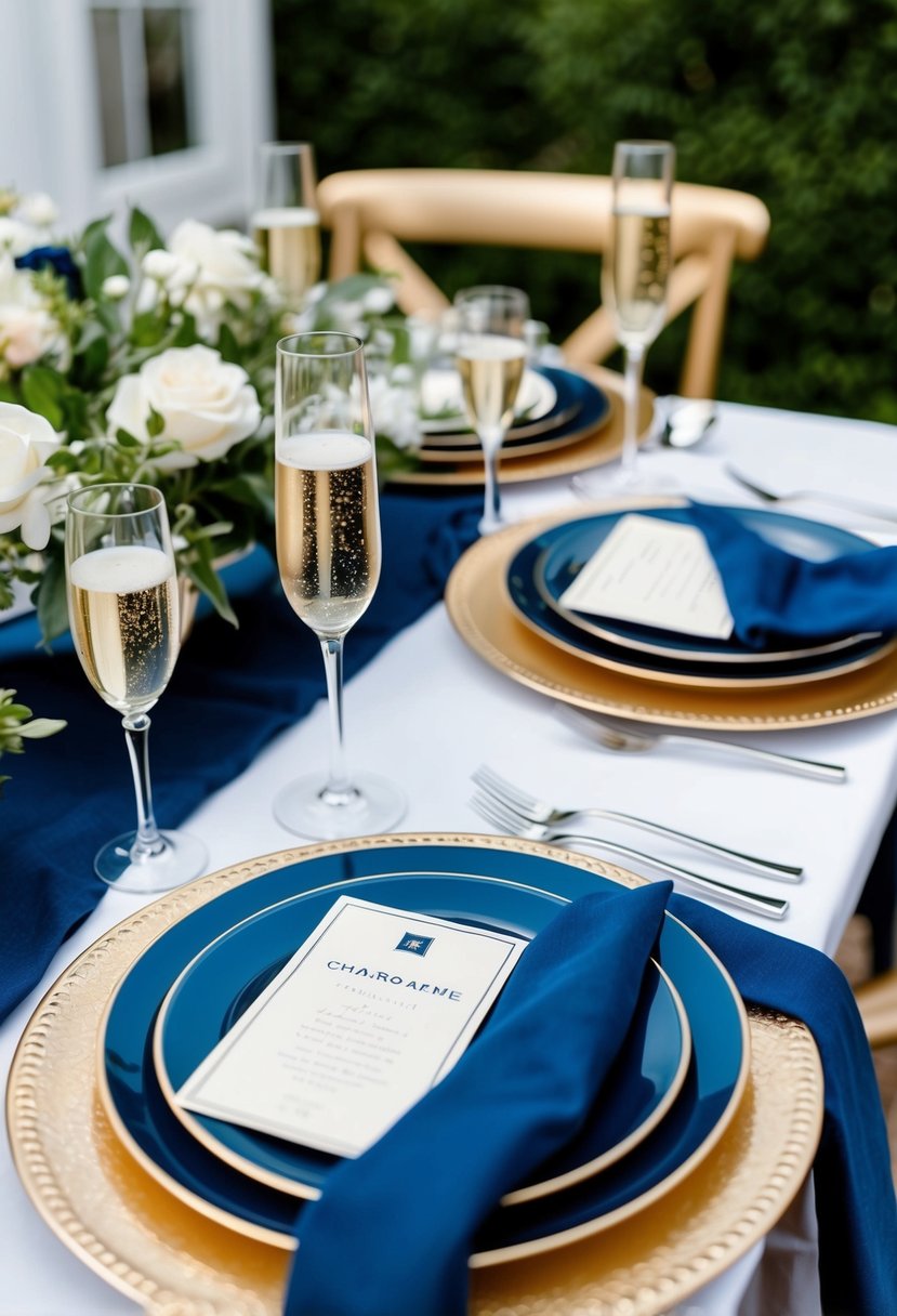 A navy blue and champagne table setting with elegant dinnerware and sparkling champagne glasses