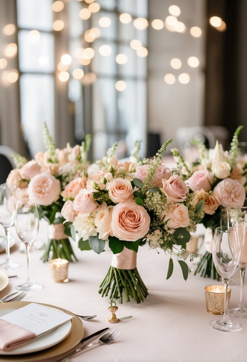 Blush pink and champagne bouquets adorn a wedding table, creating an elegant and romantic atmosphere