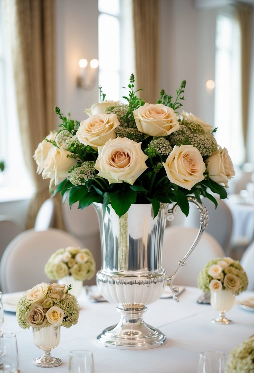 A silver vase with champagne flowers sits on a table, surrounded by smaller champagne-colored arrangements