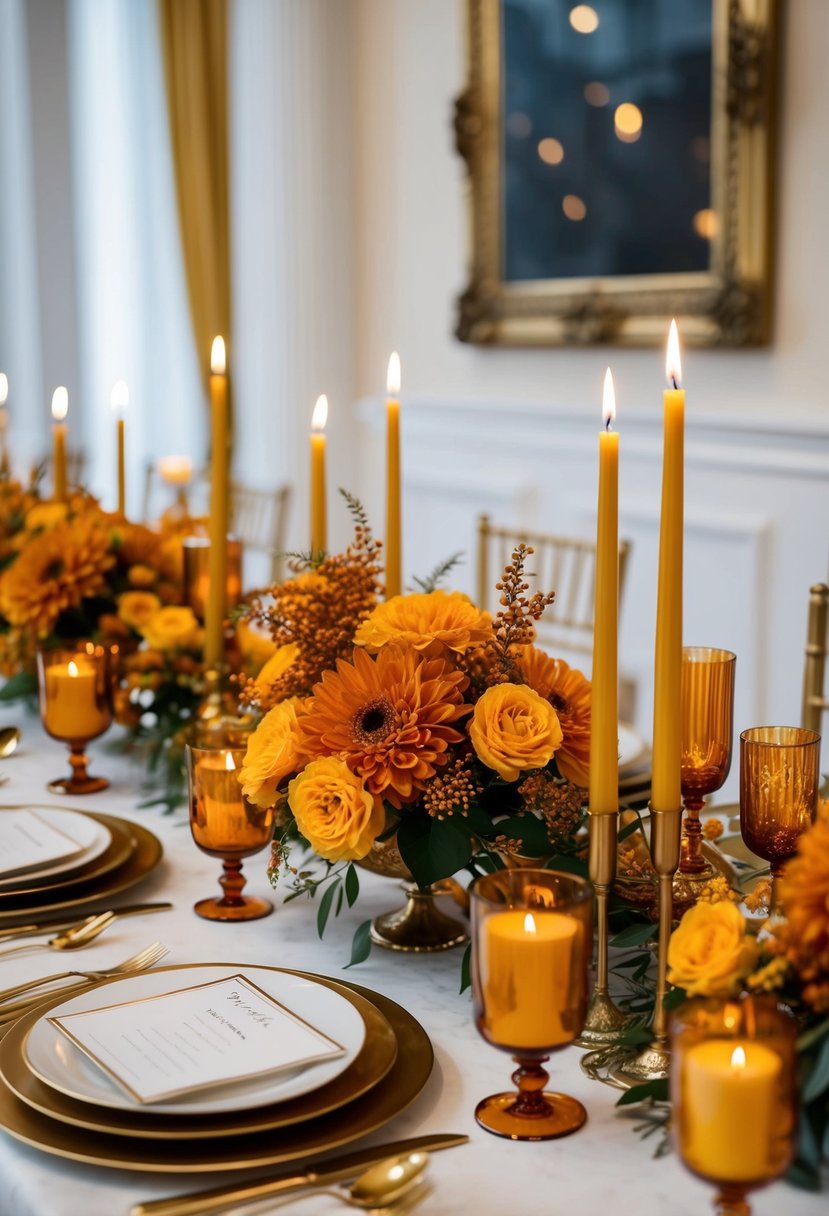 An elegant table adorned with amber-colored flowers, candles, and golden accents