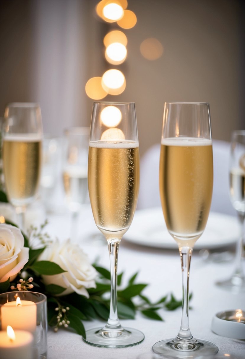 A champagne glass table with elegant accents and decorations for a wedding celebration