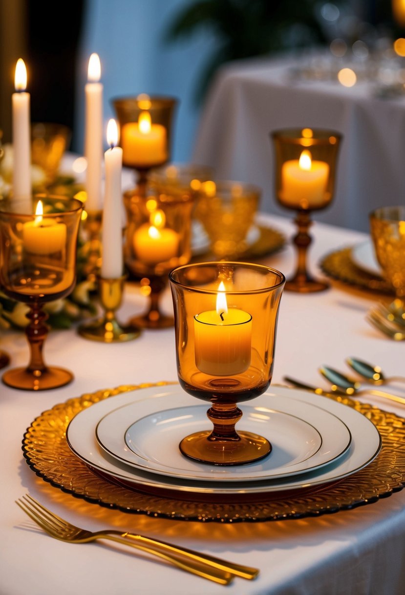 An elegant table set with amber glassware, adorned with golden accents and warm candlelight