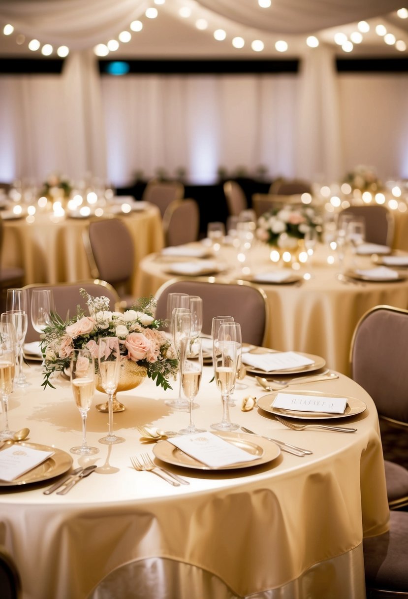 Champagne tablecloths shimmer under soft light, adorned with delicate floral arrangements and sparkling glassware