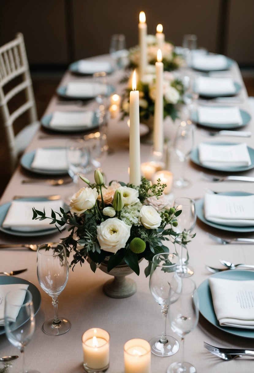 A table adorned with simple floral centerpieces, candles, and elegant linens, creating a beautiful and affordable wedding decoration