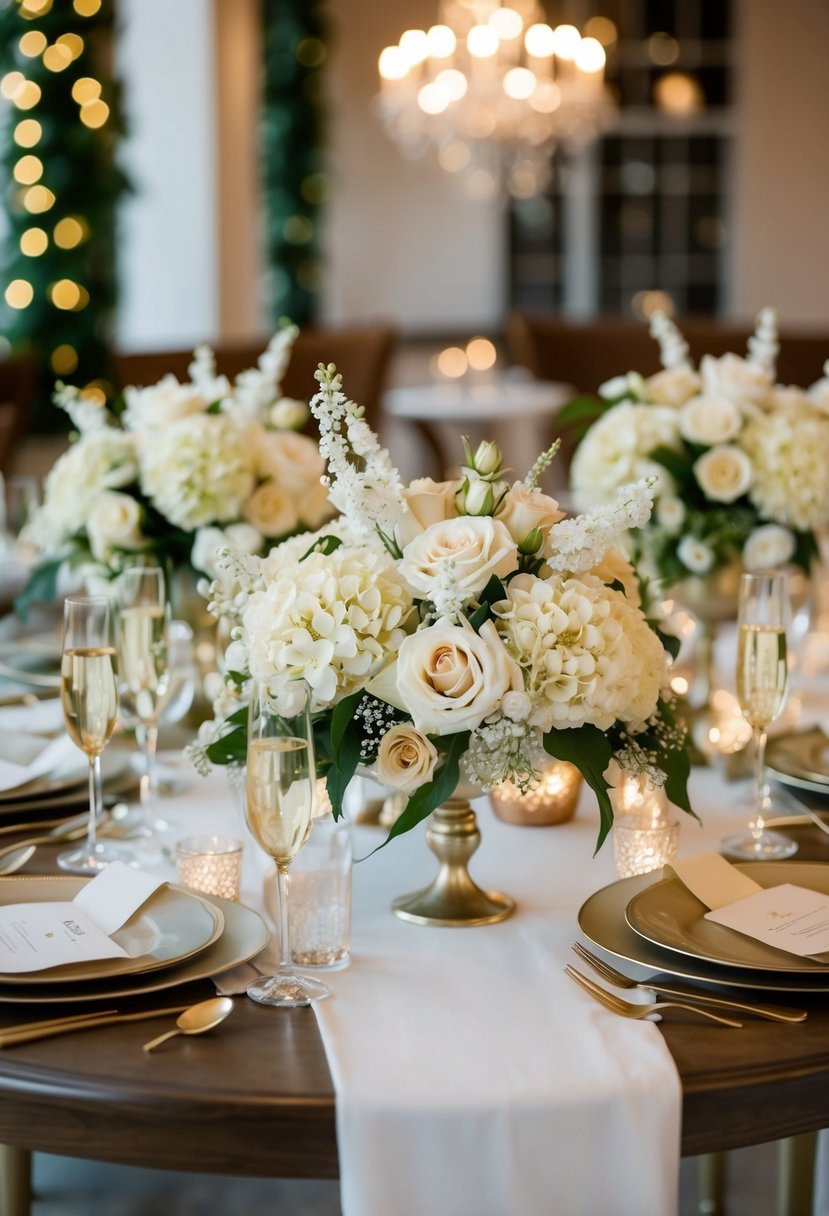 Champagne-colored artificial flowers adorn a wedding table, creating an elegant and romantic atmosphere