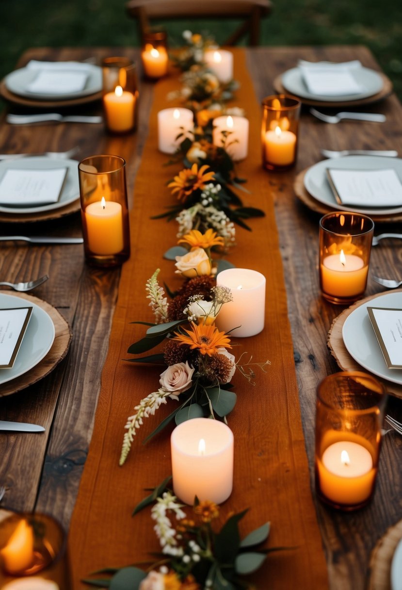 A rustic amber table runner adorns a wooden table, surrounded by glowing candles and delicate floral arrangements