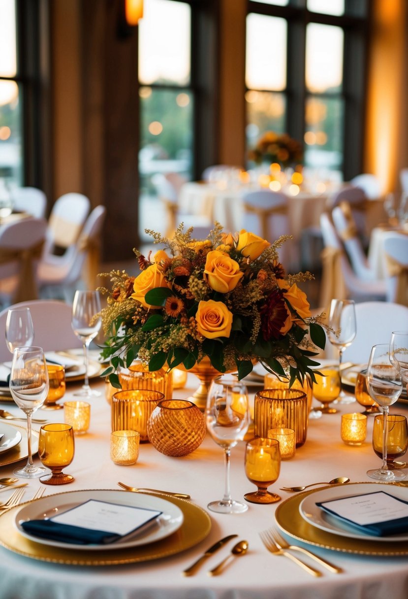 A table adorned with golden and amber centerpieces, radiating warmth and elegance for a wedding celebration