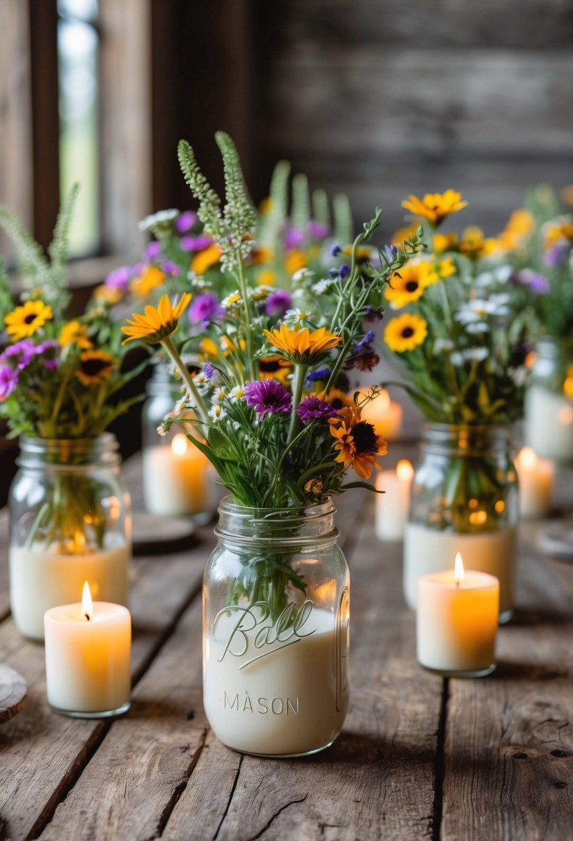 Mason jars filled with wildflowers and candles arranged on rustic wooden tables