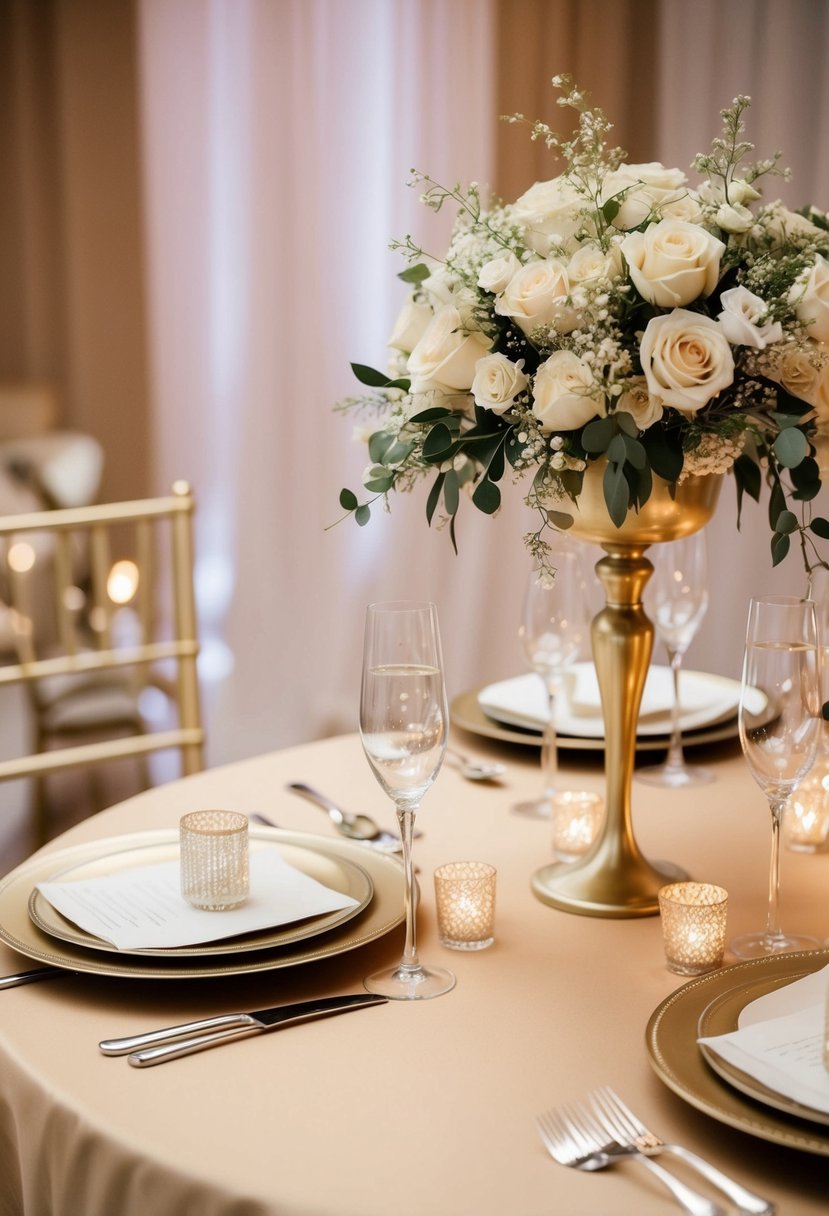 A champagne-colored table adorned with elegant overlays and sparkling wedding decorations