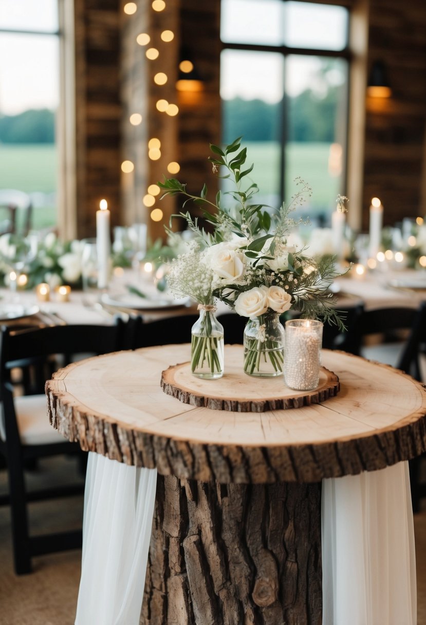 A rustic wood slice table adorned with simple yet elegant wedding decorations