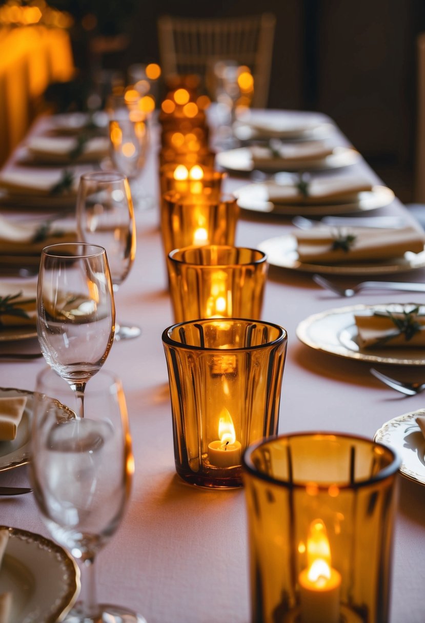 A table set with vintage amber votive holders, casting warm light on a wedding reception