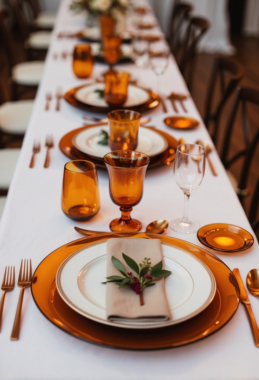 Amber and copper cutlery arranged on a wedding table with elegant decor