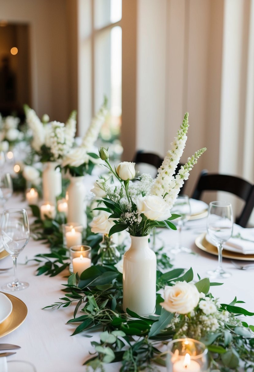 A table adorned with simple white floral arrangements, creating an elegant and affordable wedding decoration idea