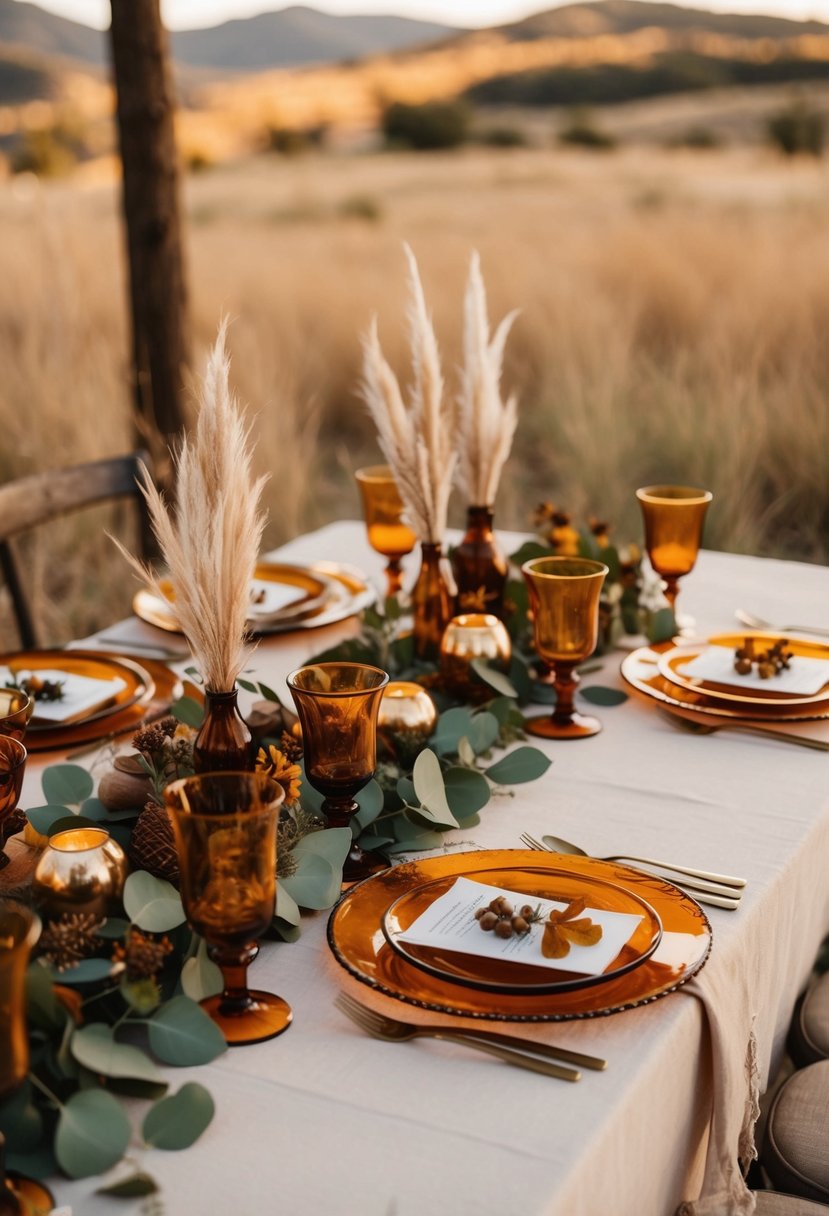 A rustic boho wedding table adorned with amber plates and earthy decorations