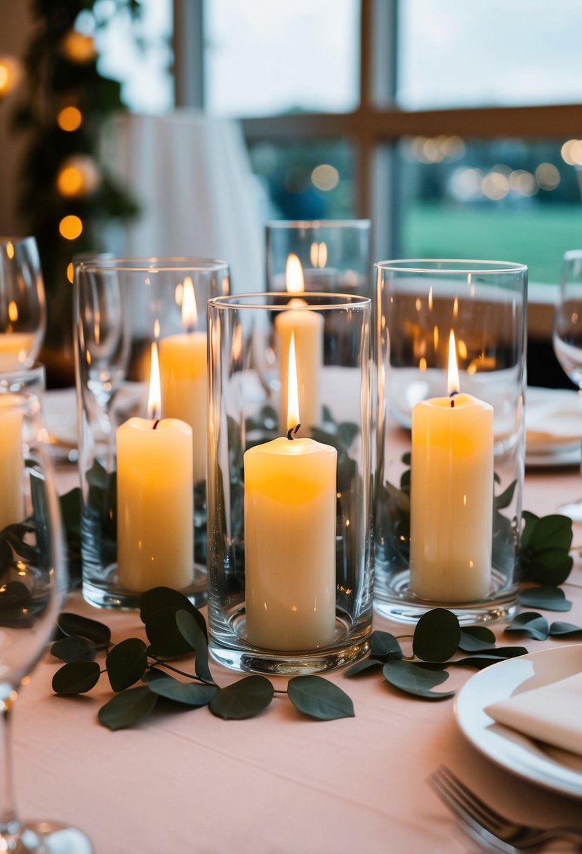 Several clear glass candle holders with lit candles, arranged on a wedding reception table